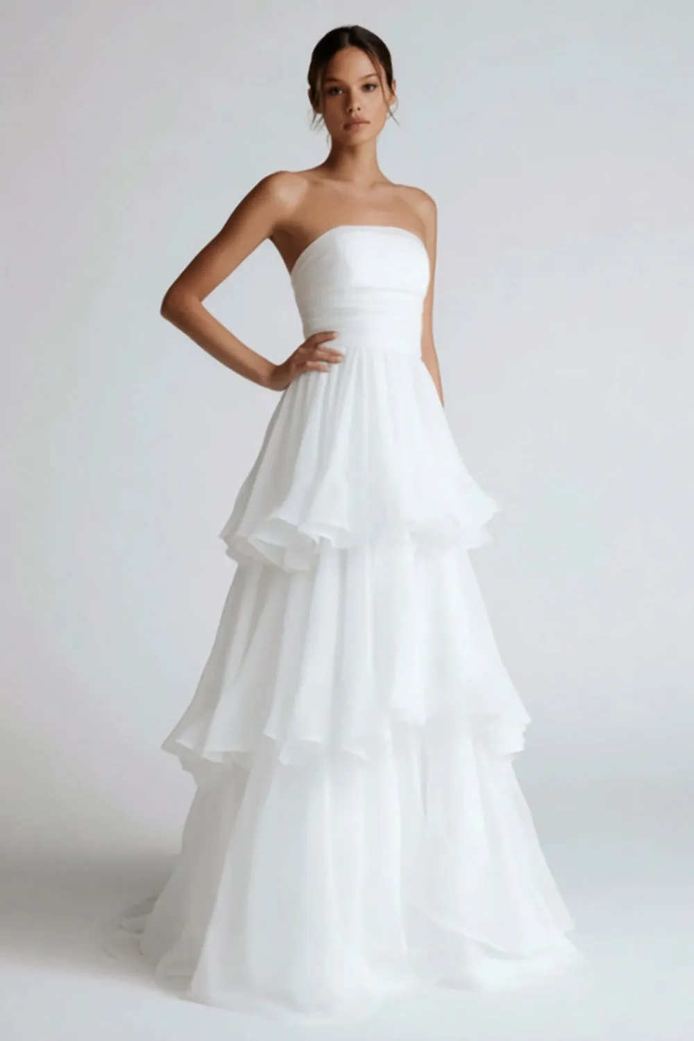 White Strapless Tiered Chiffon Long Wedding Reception Dress sold by Zapaka