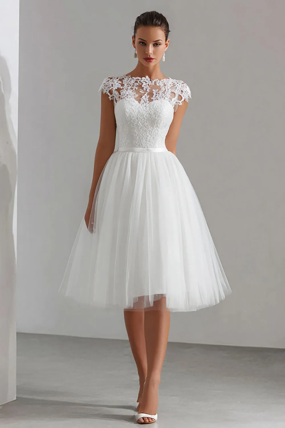 White Tulle A Line Midi Rehearsal Dinner Dress with Lace sold by Zapaka