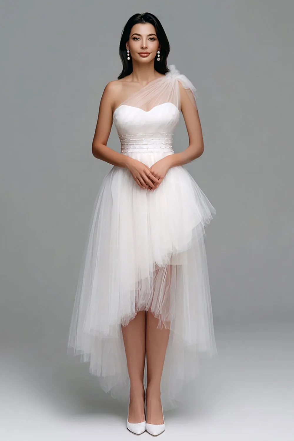 White One Shoulder Tulle High Low Engagement Dress sold by Zapaka