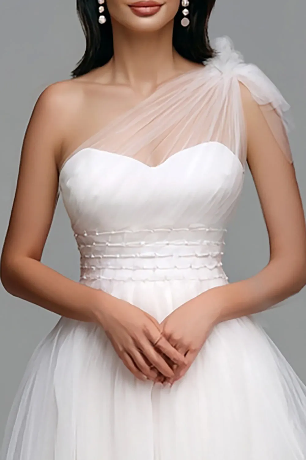 White One Shoulder Tulle High Low Engagement Dress sold by Zapaka product image thumbnail 2