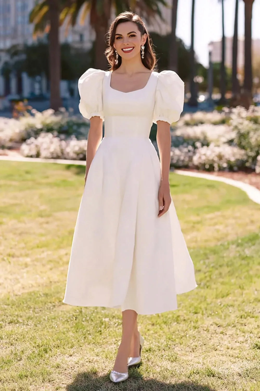 White A Line Satin Midi Engagement Dress with Puff Sleeves sold by Zapaka