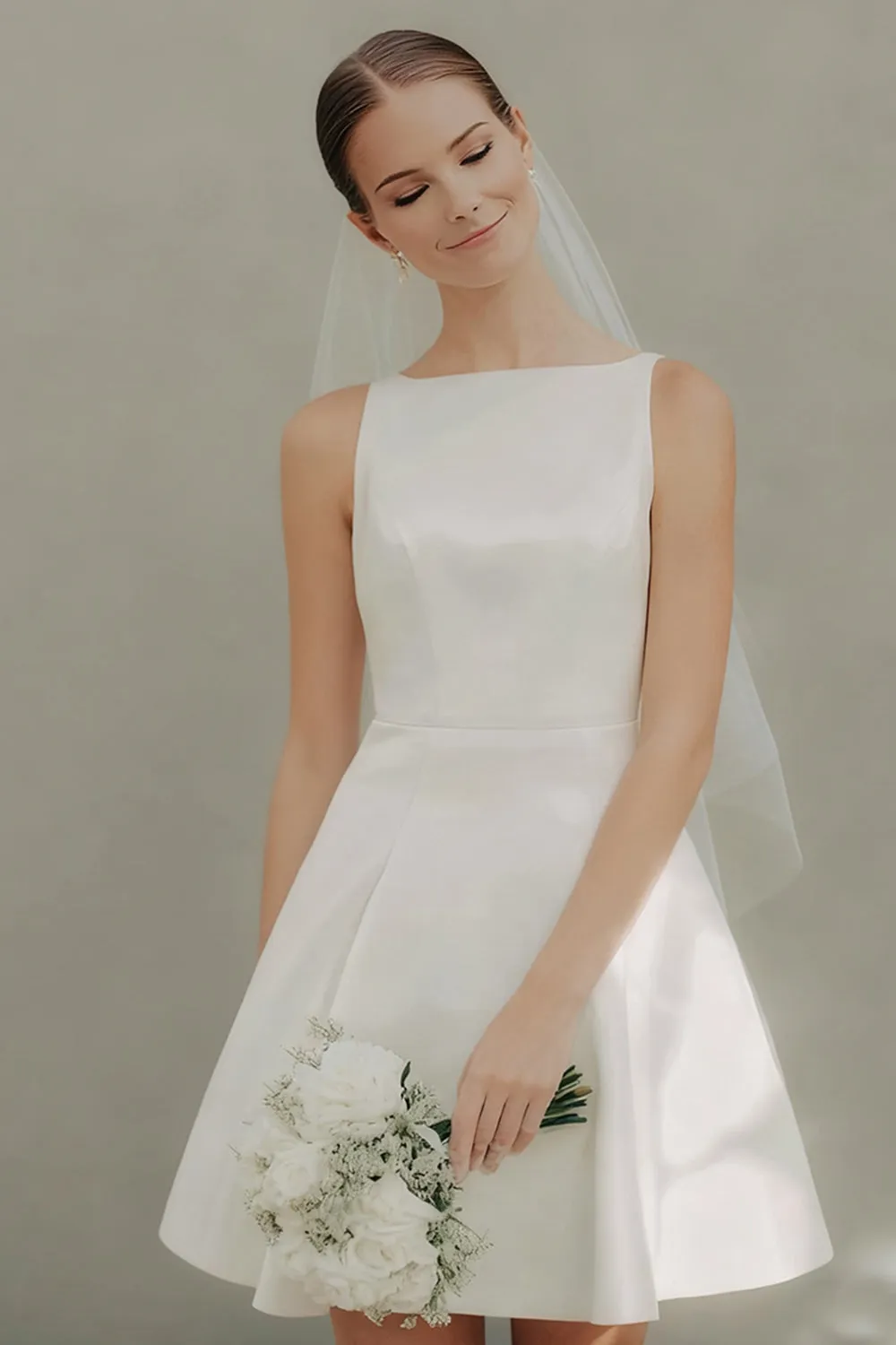White Boat Neck A Line Short Courthouse Wedding Dress sold by Zapaka