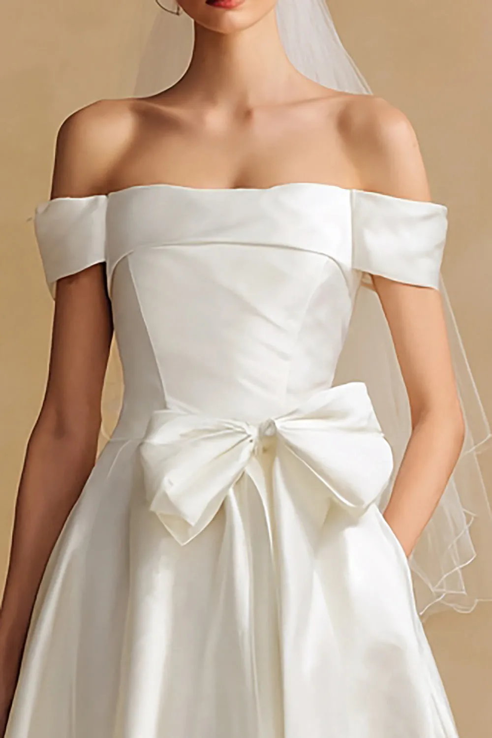 Off The Shoulder White A Line Courthouse Wedding Dress with Bow sold by Zapaka product image thumbnail 2