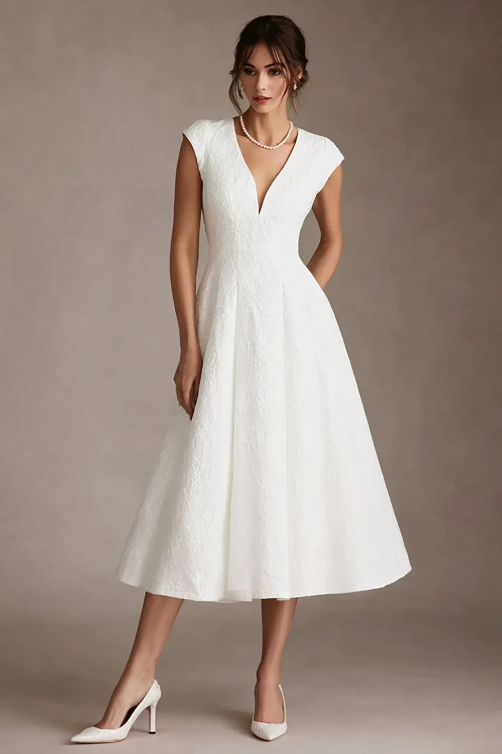 White Jacquard A Line V-Neck Midi Engagement Dress sold by Zapaka