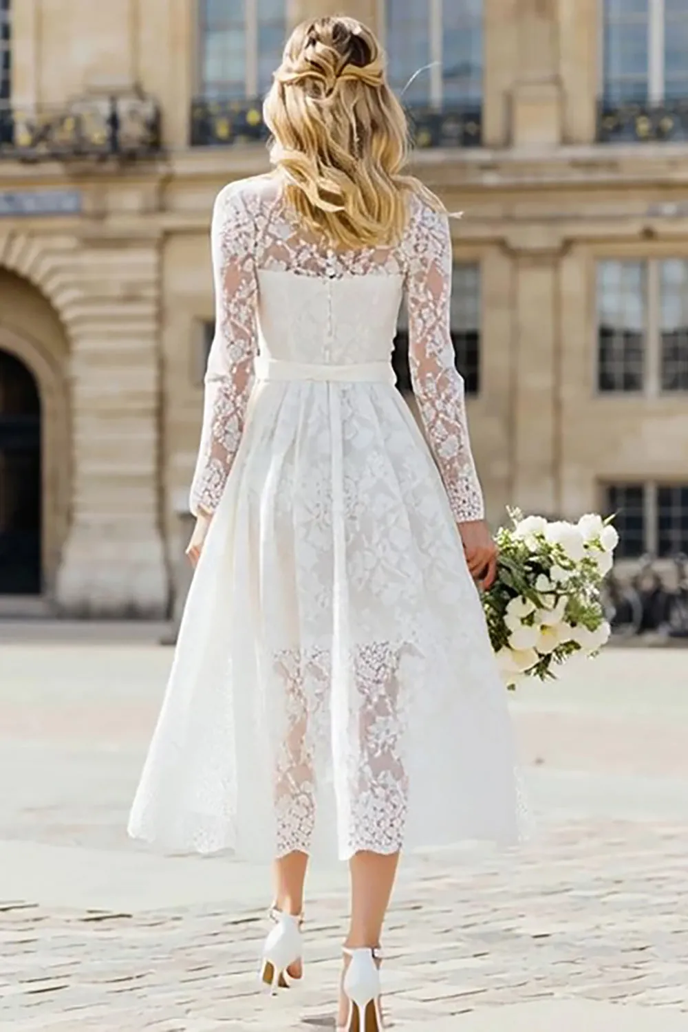 Ivory Lace A Line Round Neck Tea Length Engagement Dress with Bows sold by Zapaka product image thumbnail 2