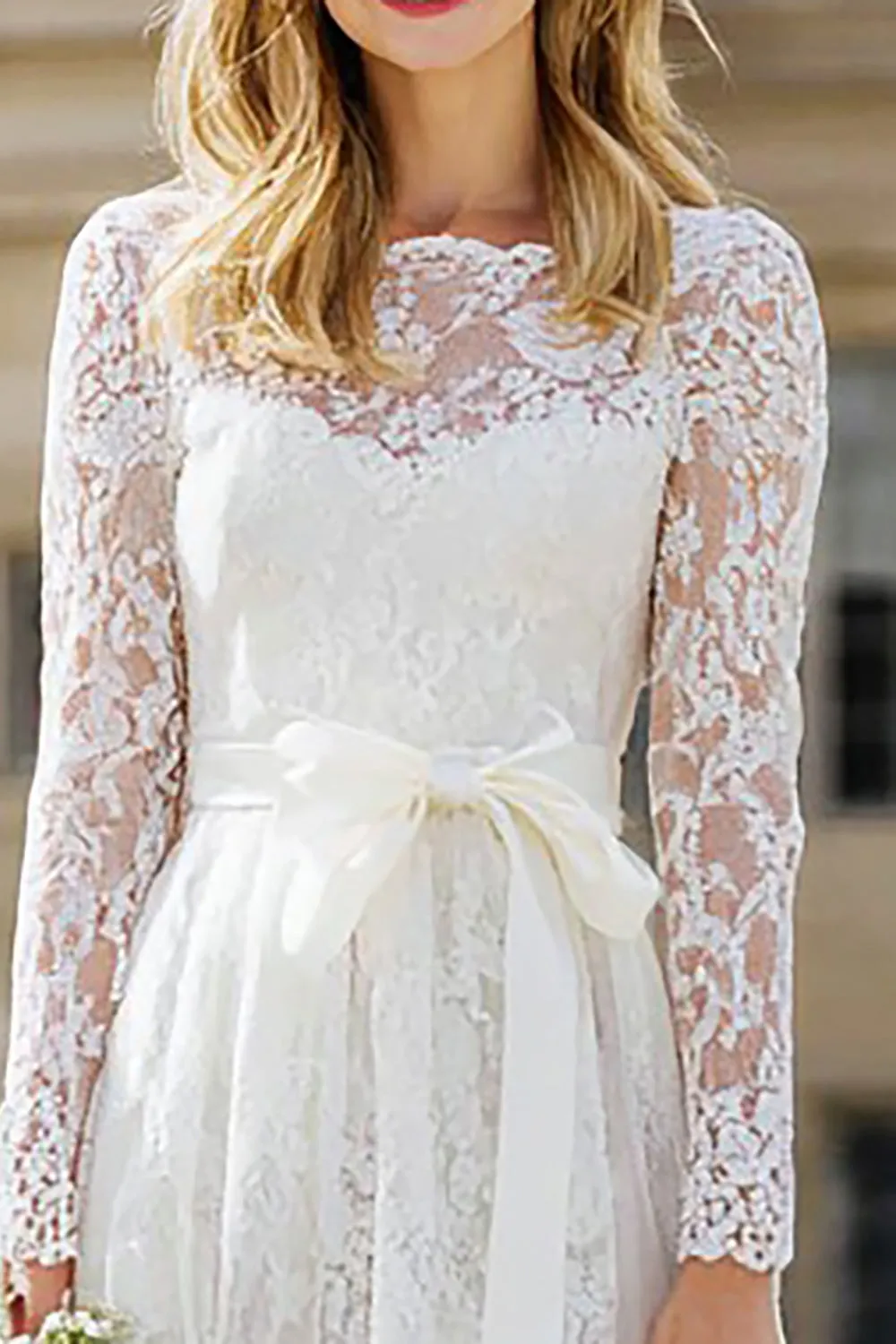 Ivory Lace A Line Round Neck Tea Length Engagement Dress with Bows sold by Zapaka product image thumbnail 3