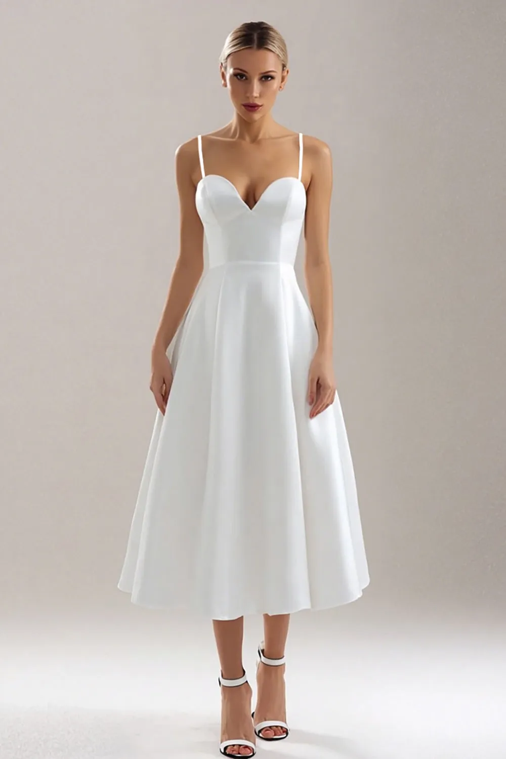 White Spaghetti Straps A Line Midi Rehearsal Dinner Dress sold by Zapaka