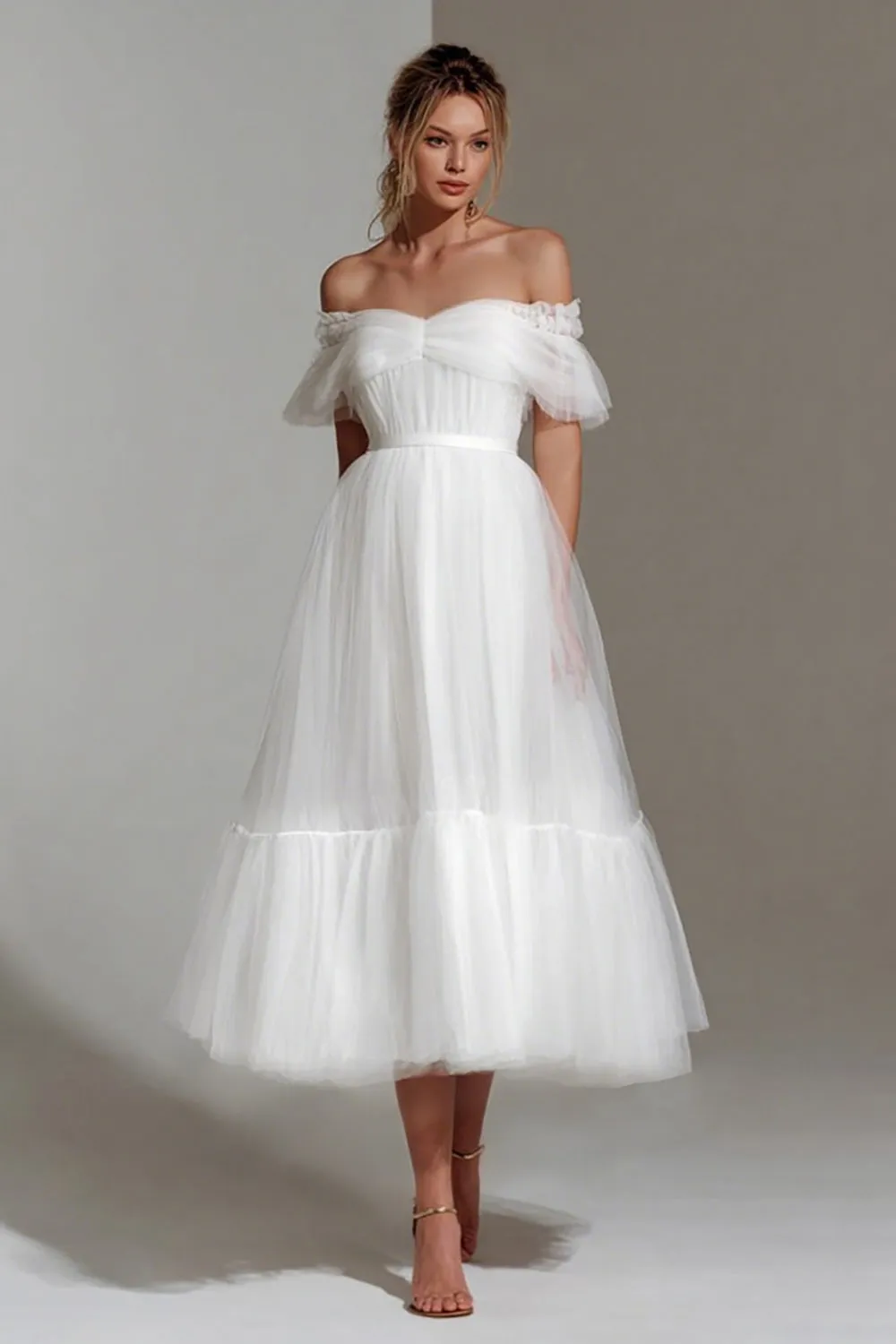 White Off The Shoulder A Line Midi Courthouse Wedding Dress sold by Zapaka
