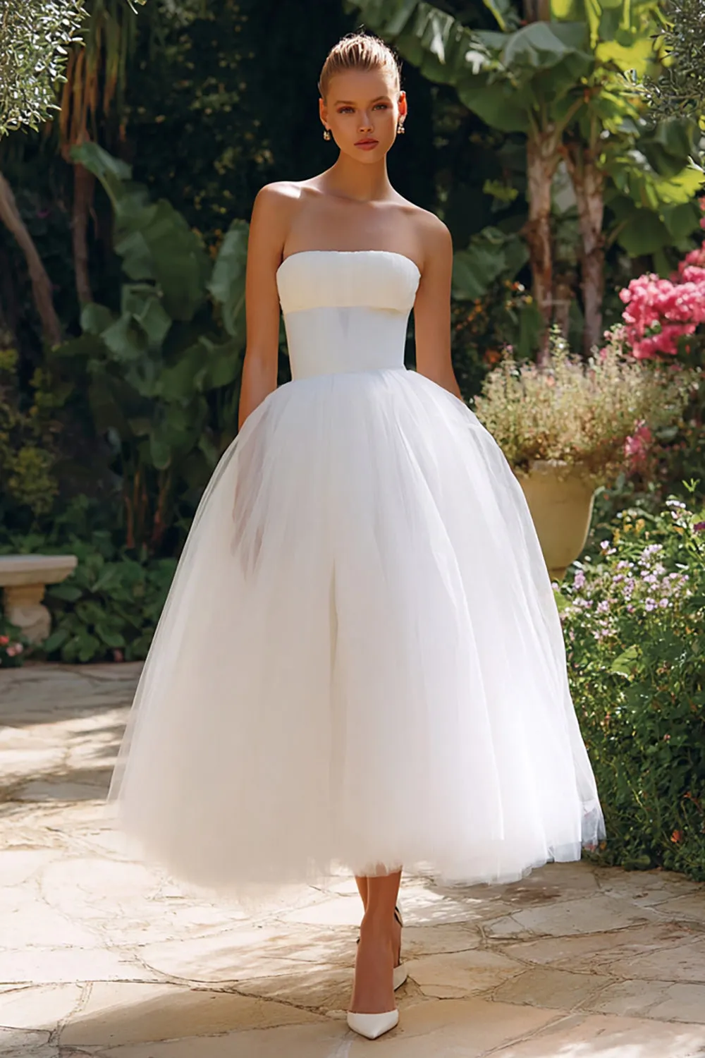 Simple White Strapless Tulle Maxi Engagement Dress sold by Zapaka