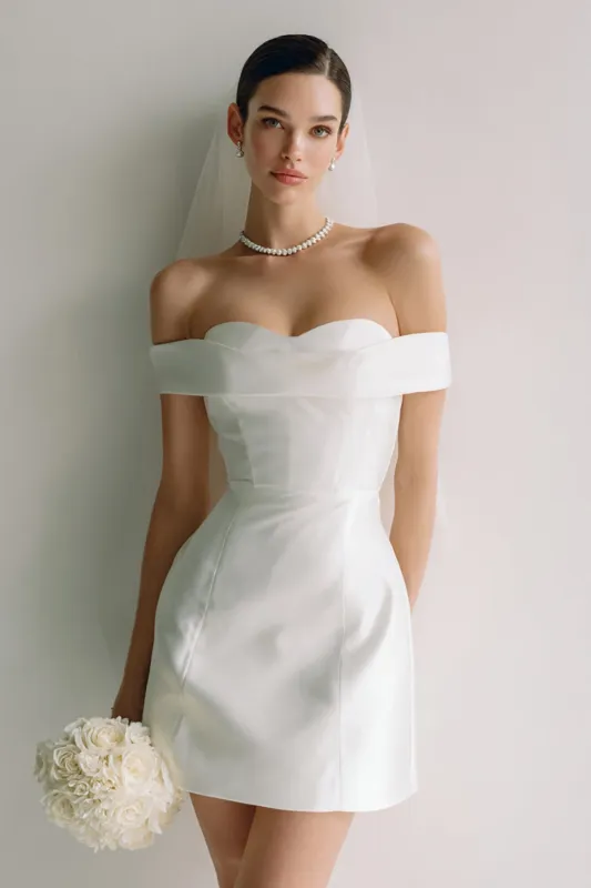 Off The Shoulder White Short Courthouse Wedding Dress sold by Zapaka