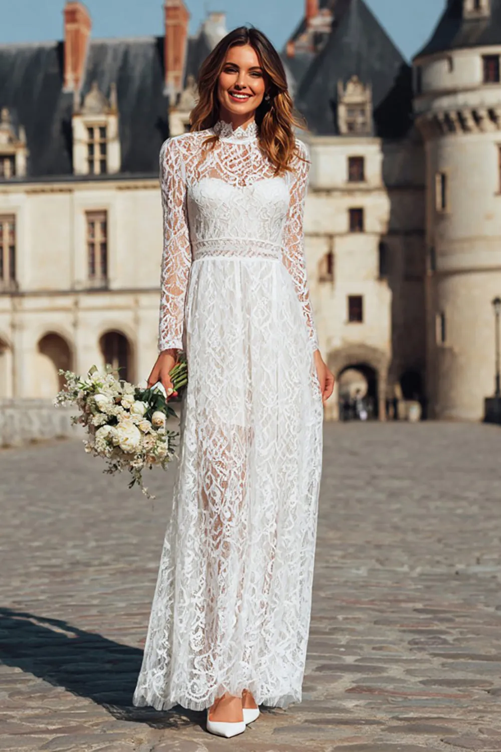 Ivory Lace High Neck Long Sleeve Engagement Dress sold by Zapaka