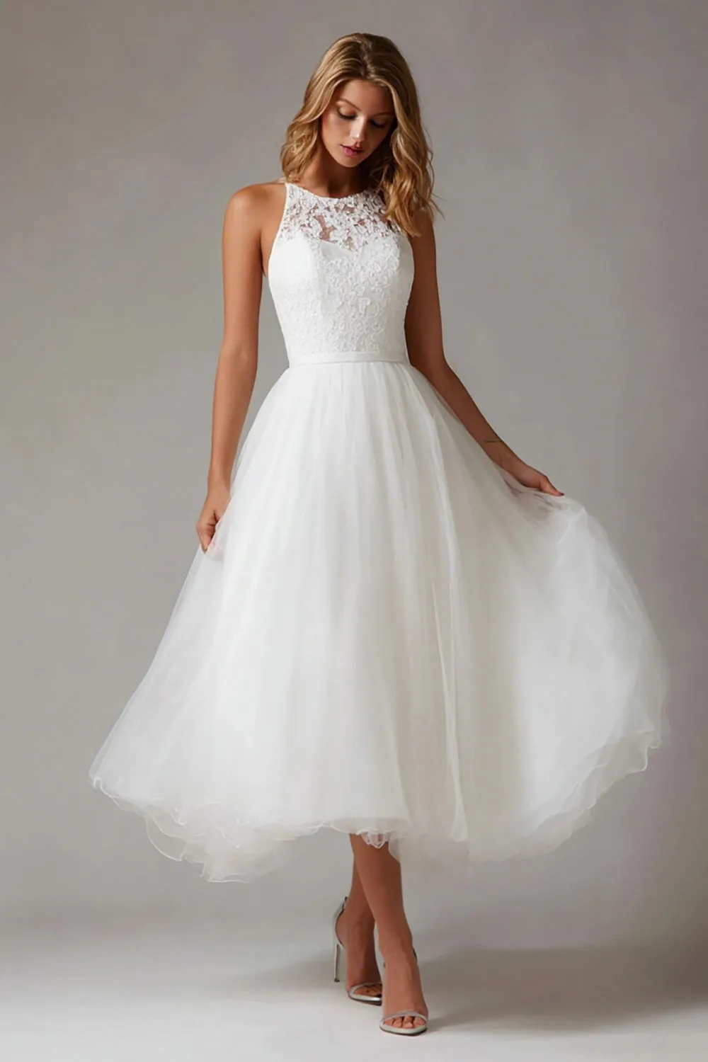 White A Line Lace Midi Courthouse Wedding Dress sold by Zapaka