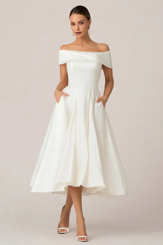 Off The Shoulder A Line White Courthouse Wedding Dress sold by Zapaka
