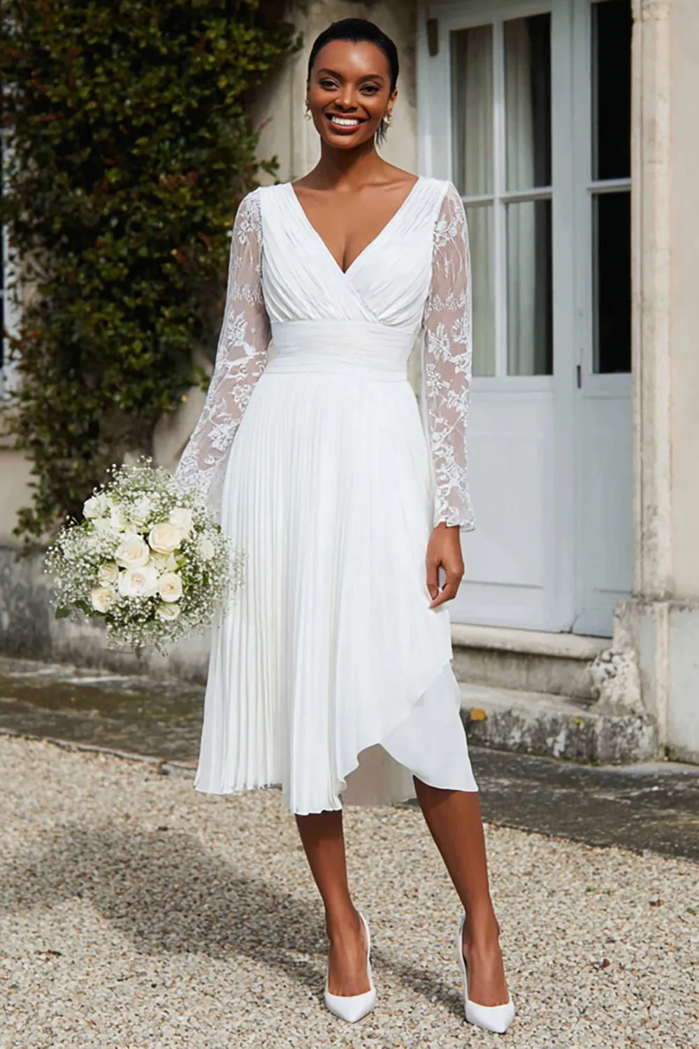 Ivory Chiffon V Neck A Line Pleated Midi Engagement Dress with Lace sold by Zapaka