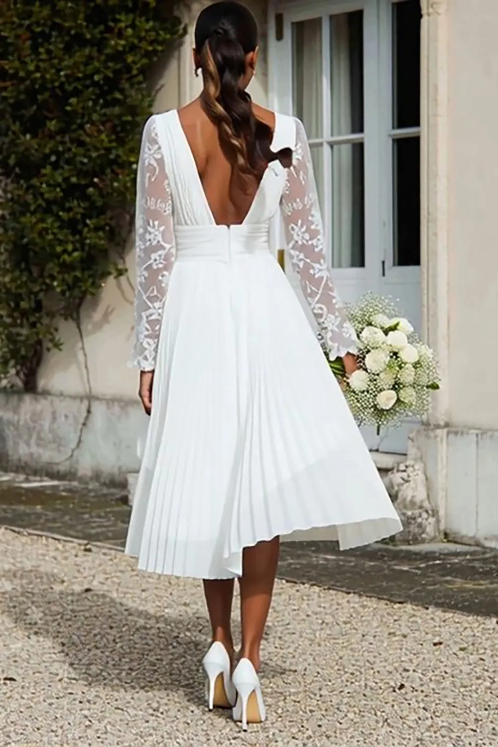 Ivory Chiffon V Neck A Line Pleated Midi Engagement Dress with Lace sold by Zapaka product image thumbnail 2
