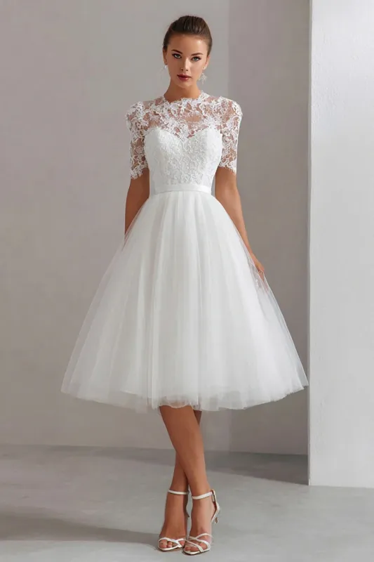 White High Neck A Line Lace Courthouse Wedding Dress sold by Zapaka