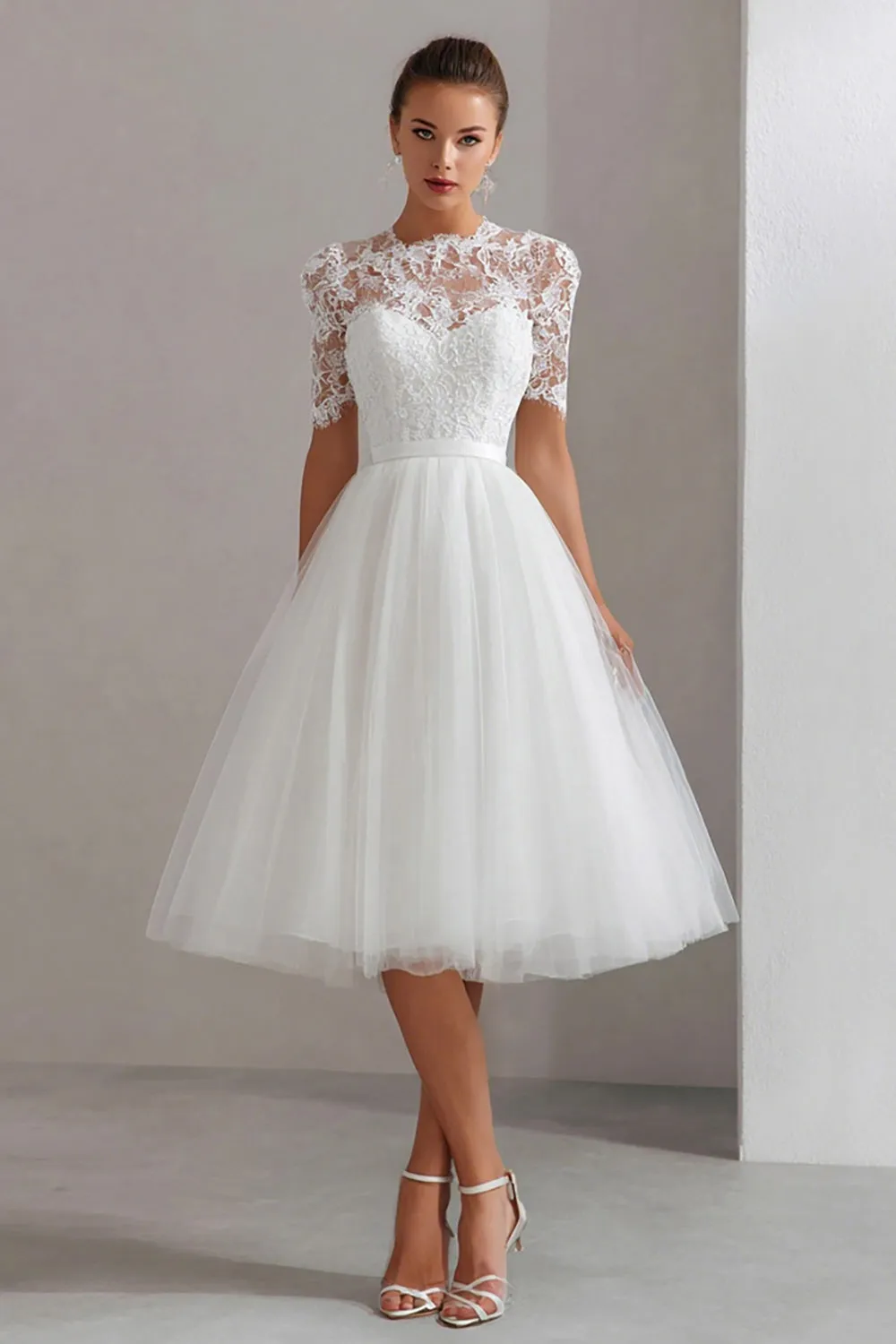 White High Neck A Line Lace Courthouse Wedding Dress sold by Zapaka