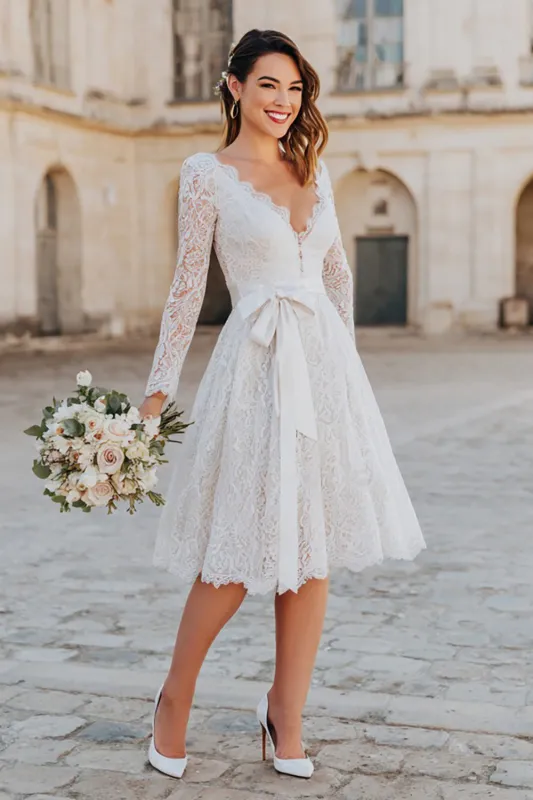 Ivory Lace V Neck A Line Midi Engagement Dress with Bow sold by Zapaka