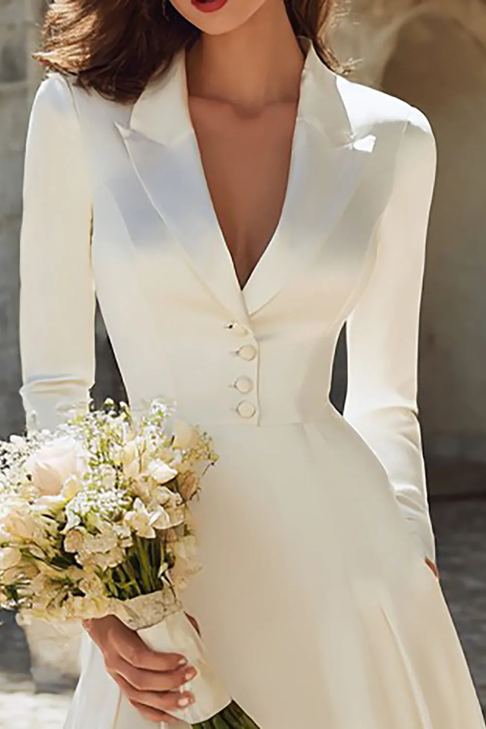 Ivory Satin Peaked Lapel A Line Midi Engagement Dress sold by Zapaka product image thumbnail 3