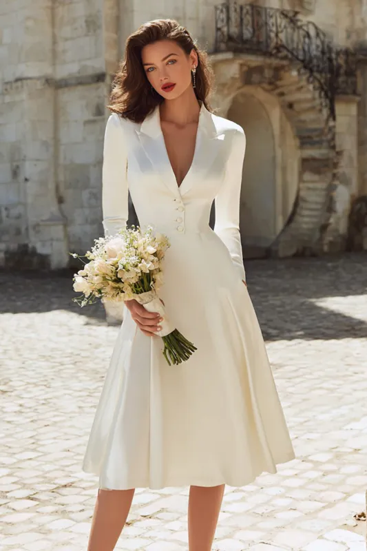 Ivory Satin Peaked Lapel A Line Midi Engagement Dress sold by Zapaka