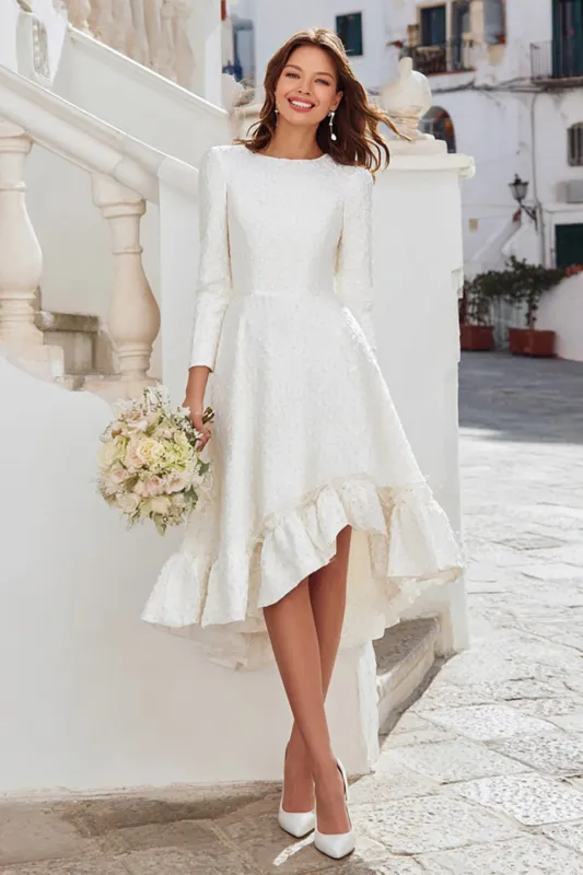 Ivory Long Sleeve A Line Midi Engagement Dress with Ruffles sold by Zapaka