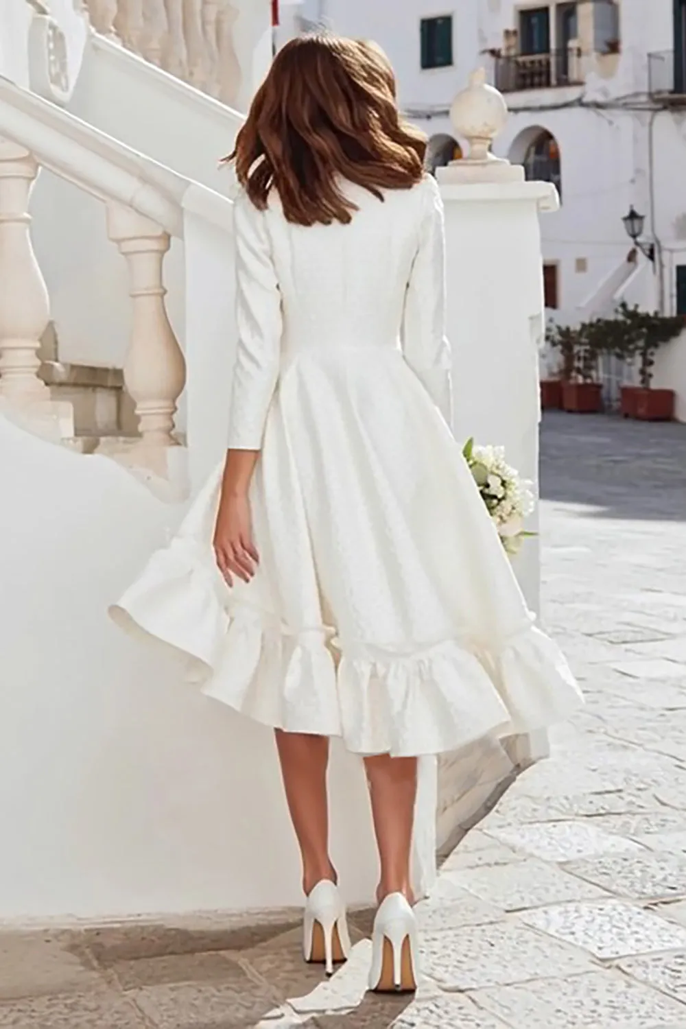 Ivory Long Sleeve A Line Midi Engagement Dress with Ruffles sold by Zapaka product image thumbnail 2