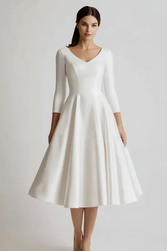 White Satin A Line V-Neck Midi Engagement Dress with 3/4 Sleeves sold by Zapaka