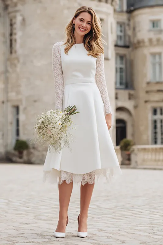 Ivory Long Sleeve A Line Midi Wedding Dress with Lace sold by Zapaka