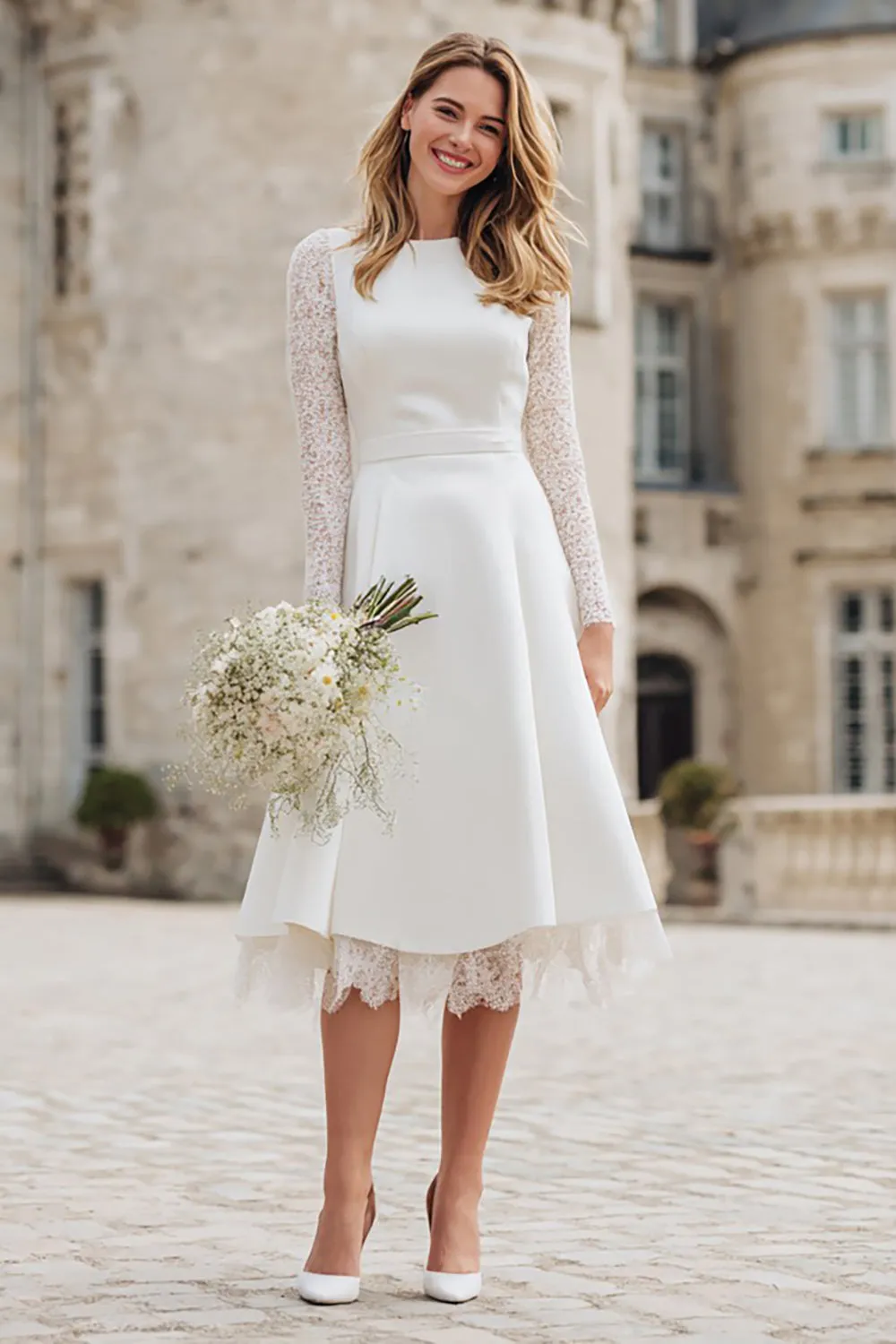 Ivory Long Sleeve A Line Midi Wedding Dress with Lace sold by Zapaka