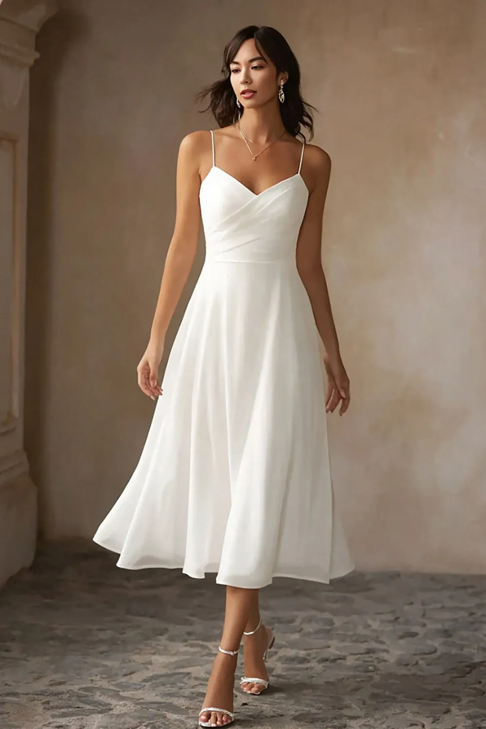White A Line Chiffon Spaghetti Straps Midi Wedding Dress sold by Zapaka