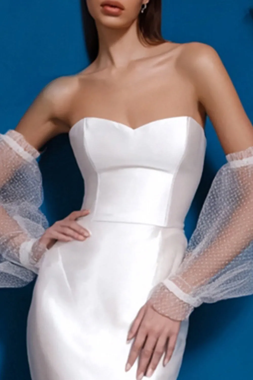 White Satin Bodycon Sweetheart Midi Wedding Dress sold by Zapaka product image thumbnail 2