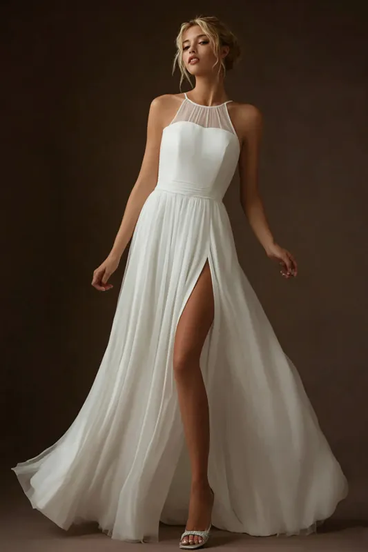 White Chiffon A Line Pleated Long Wedding Dress with Slit sold by Zapaka