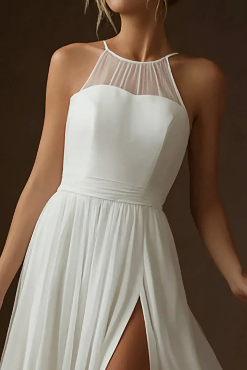 White Chiffon A Line Pleated Long Wedding Dress with Slit sold by Zapaka product image thumbnail 2