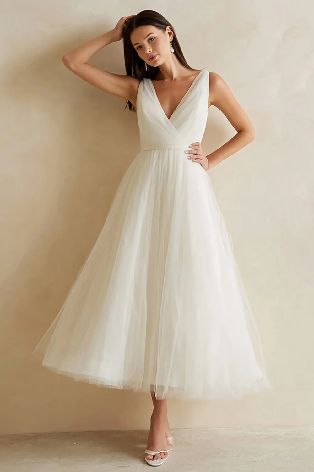White Tulle A Line V-Neck Midi Wedding Dress sold by Zapaka