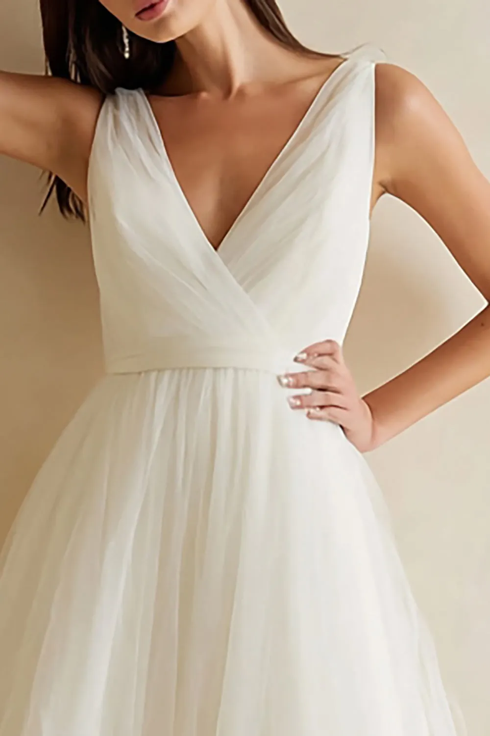 White Tulle A Line V-Neck Midi Wedding Dress sold by Zapaka product image thumbnail 2