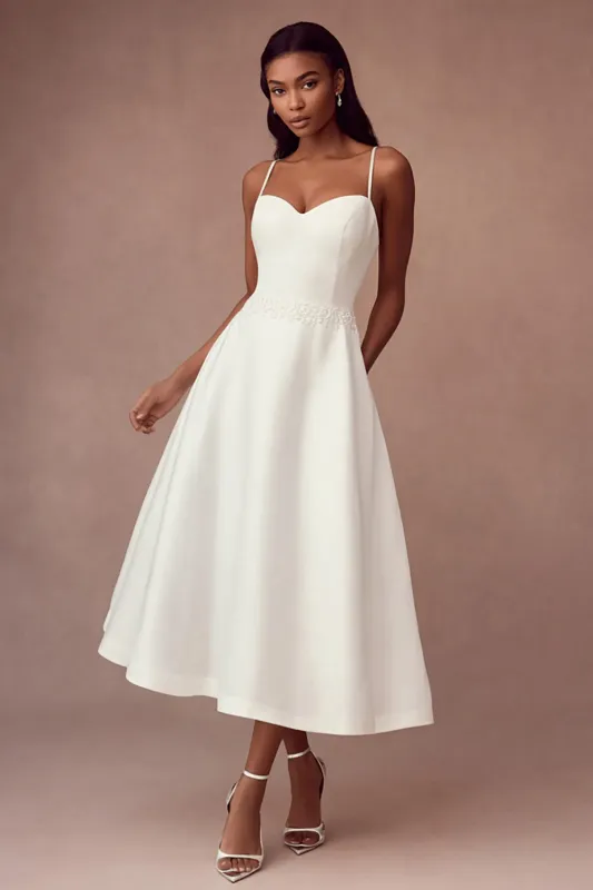 Simple White A Line Satin Spaghetti Straps Wedding Dress sold by Zapaka