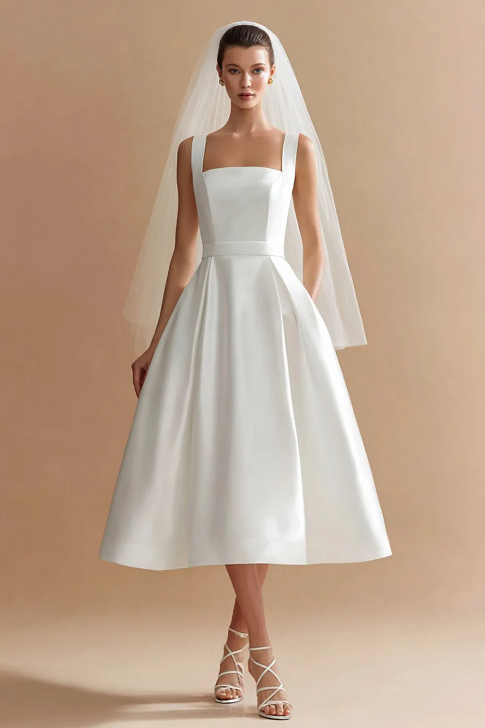 White Satin A Line Square Neck Midi Wedding Dress sold by Zapaka