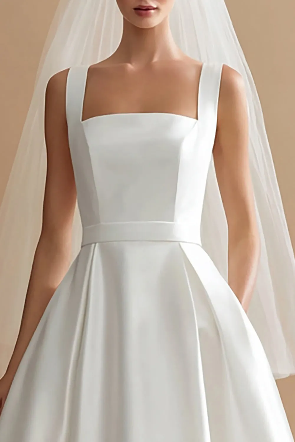 White Satin A Line Square Neck Midi Wedding Dress sold by Zapaka product image thumbnail 2