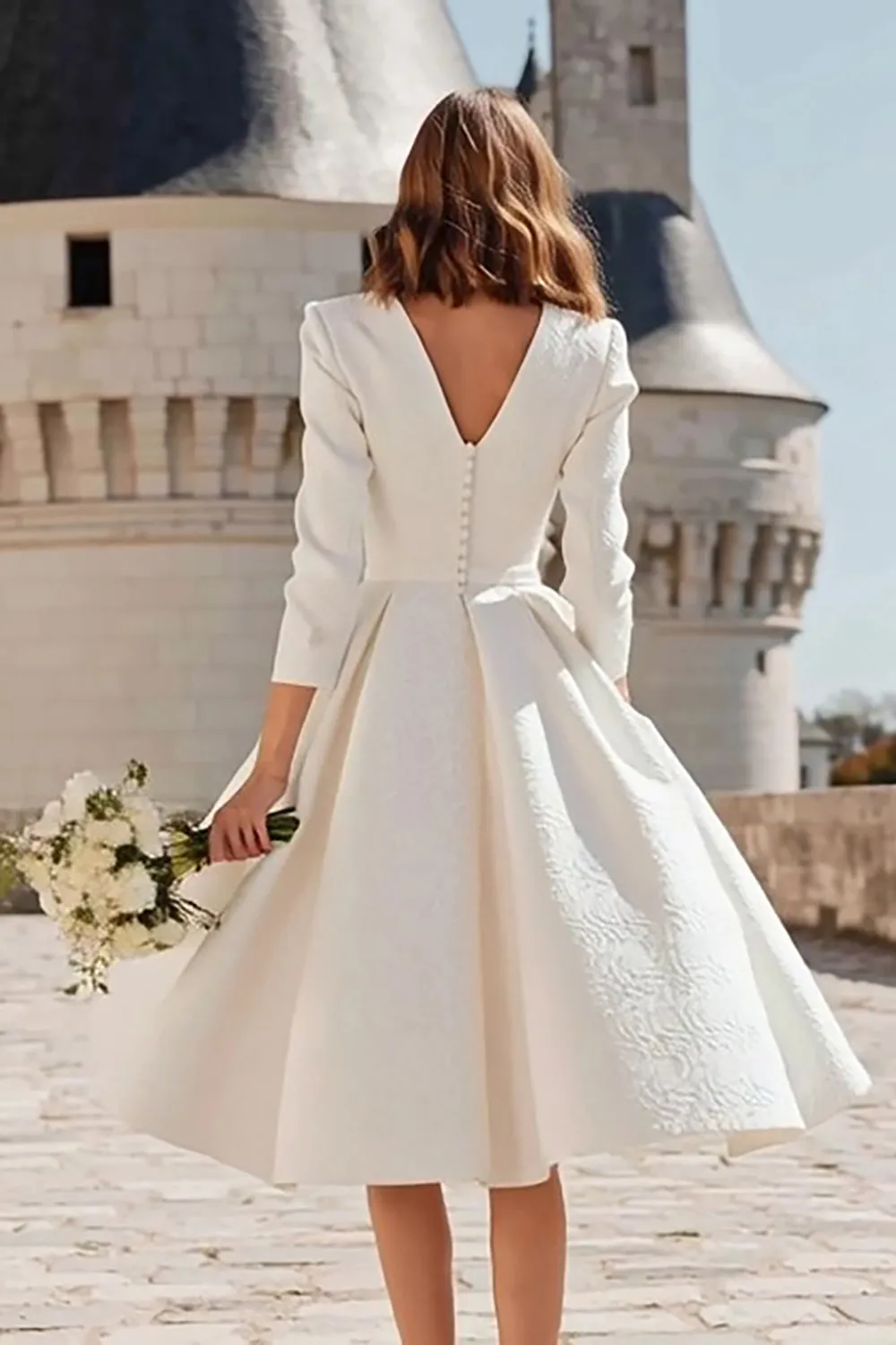 Ivory A Line V-Neck Midi Engagement Dress with 3/4 Sleeves sold by Zapaka product image thumbnail 2