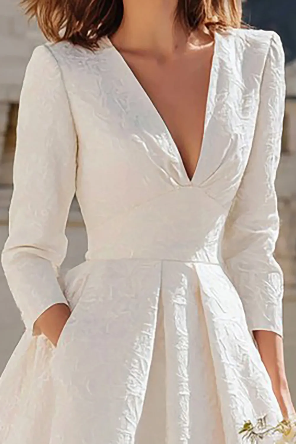 Ivory A Line V-Neck Midi Engagement Dress with 3/4 Sleeves sold by Zapaka product image thumbnail 3