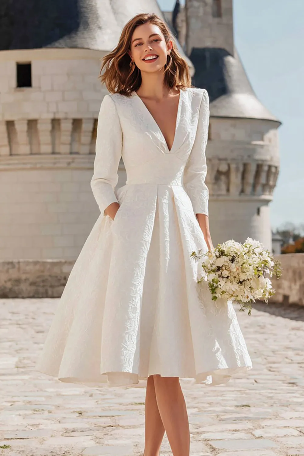 Ivory A Line V-Neck Midi Engagement Dress with 3/4 Sleeves sold by Zapaka