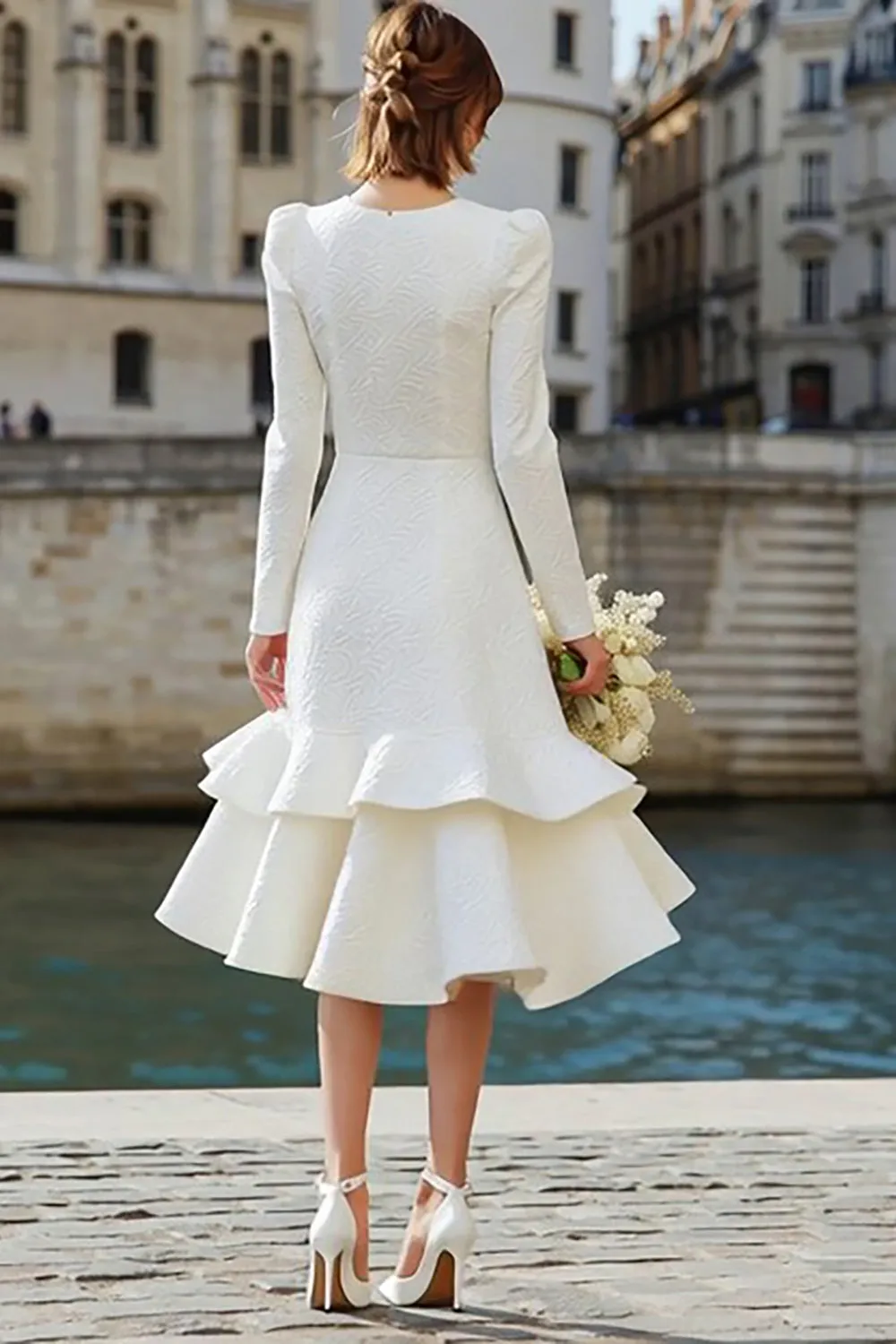 Ivory Round Neck A Line Long Sleeve Midi Engagement Dress sold by Zapaka product image thumbnail 2