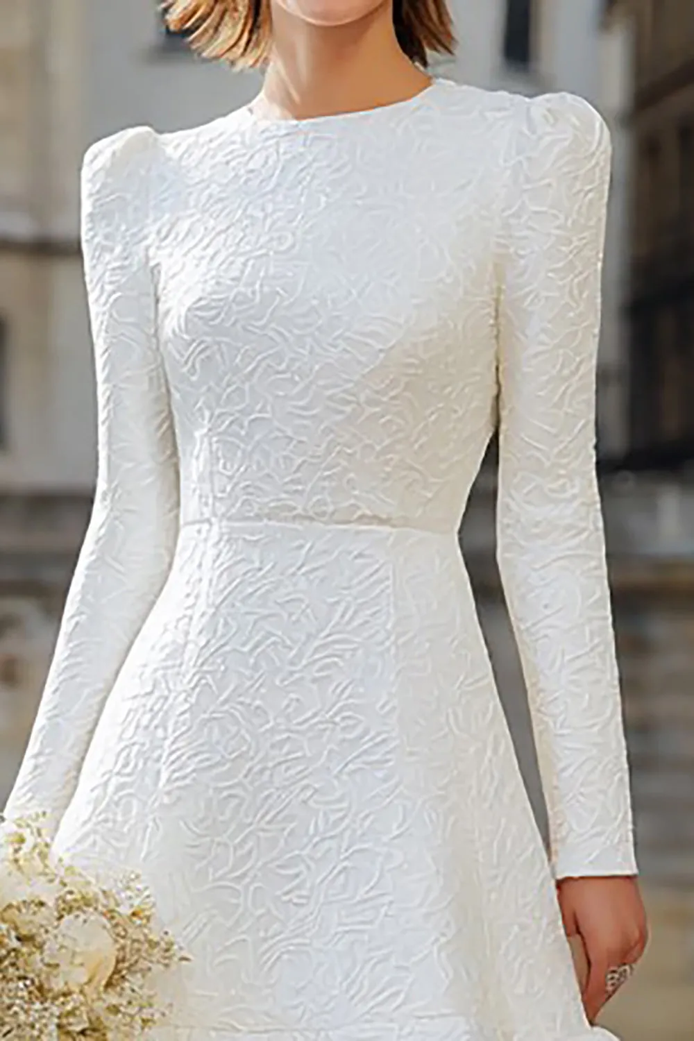 Ivory Round Neck A Line Long Sleeve Midi Engagement Dress sold by Zapaka product image thumbnail 3