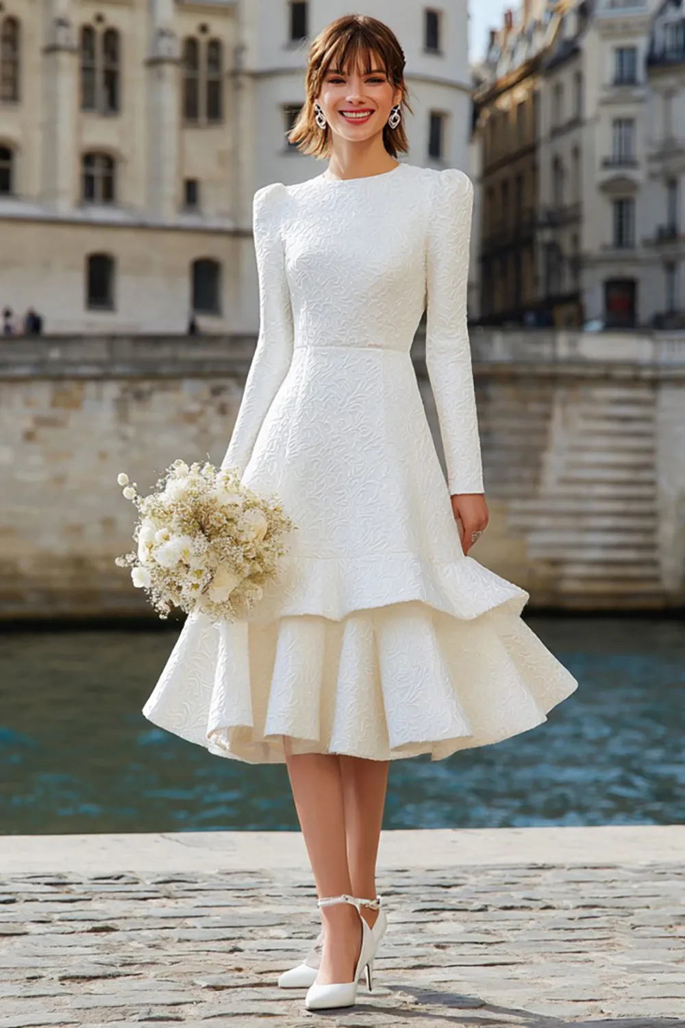 Ivory Round Neck A Line Long Sleeve Midi Engagement Dress sold by Zapaka