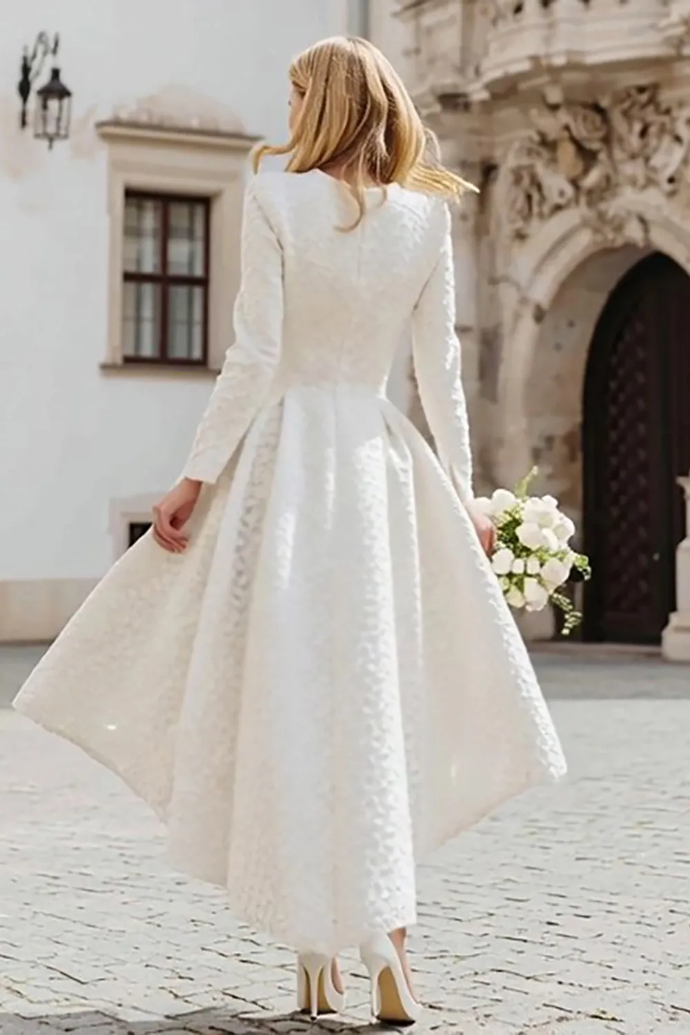 Ivory A Line Bateau Neck Long Sleeve High-Low Engagement Dress sold by Zapaka product image thumbnail 2