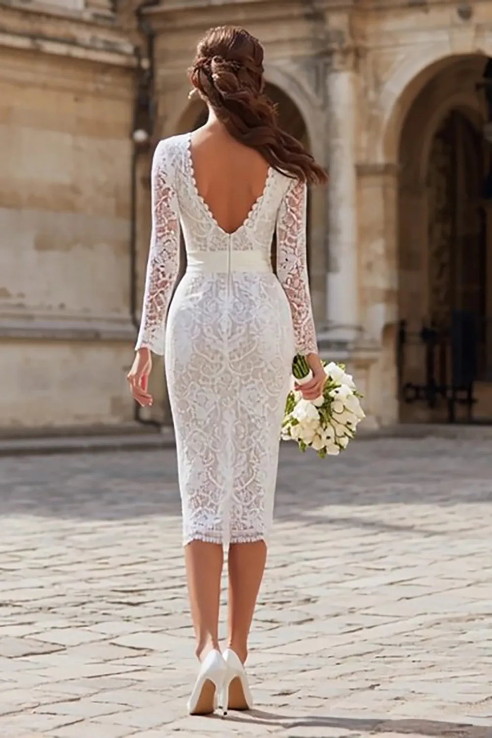 Ivory Lace Bodycon Long Sleeve Midi Engagement Dress with Sash sold by Zapaka product image thumbnail 2