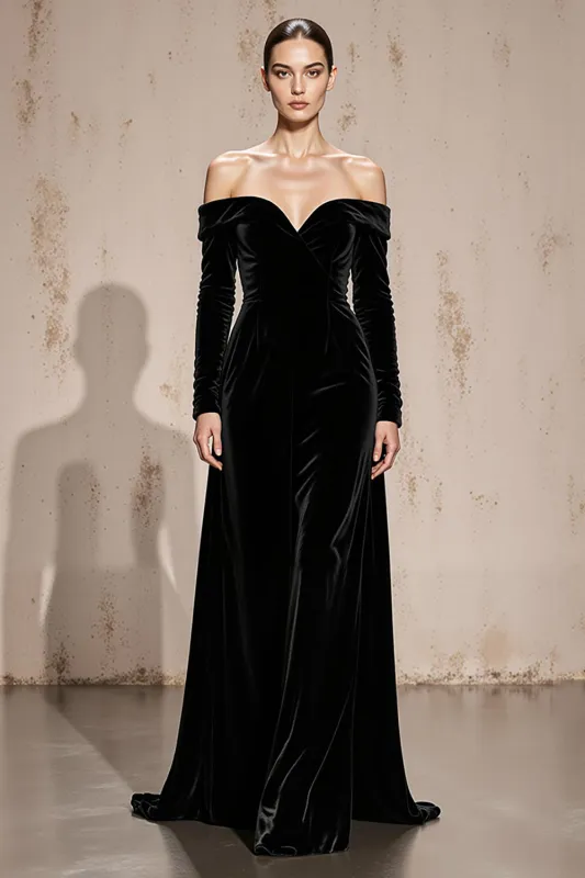 Black Off the Shoulder Velvet Long Sleeve Formal Dress sold by Zapaka
