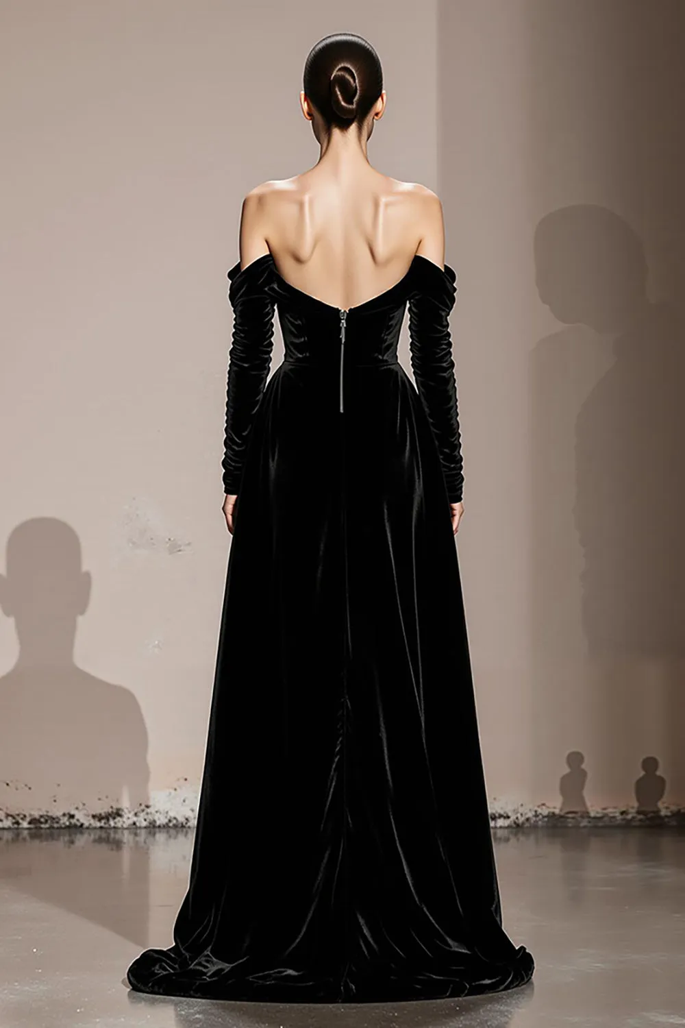 Black Velvet Off the Shoulder Long Formal Dress with Slit sold by Zapaka product image thumbnail 2