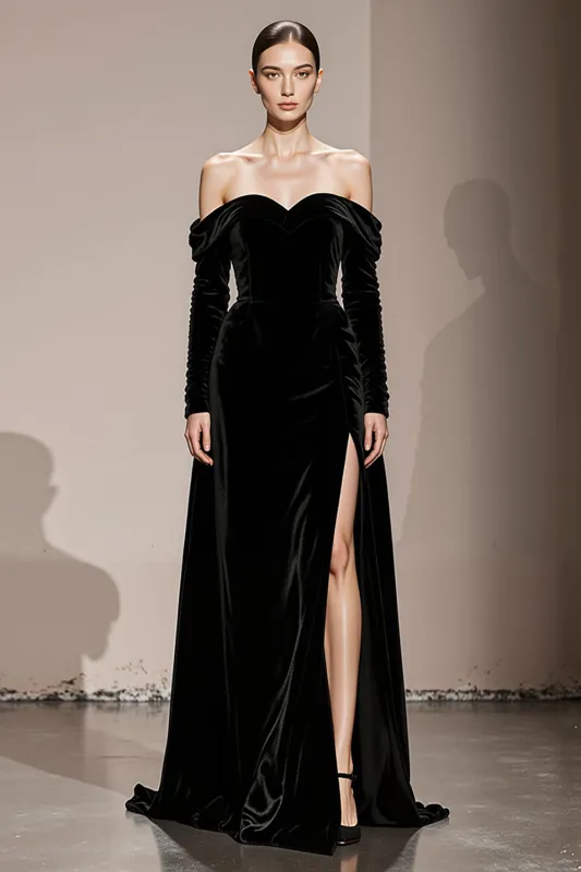 Black Velvet Off the Shoulder Long Formal Dress with Slit sold by Zapaka