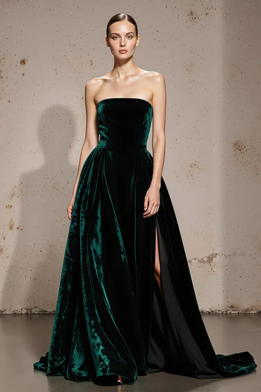 Dark Green Strapless Velvet A Line Long Formal Dress with Slit sold by Zapaka